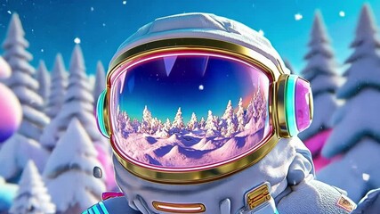 Astronaut s luminous reflection of vibrant winter wonderland in space helmet