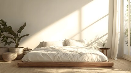 Modern bedroom showcasing a bed against a blank wall with light wood flooring, emphasizing a clean and minimalist home decor
