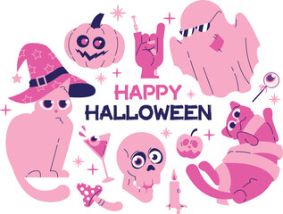 Pink Happy Halloween phrase with cute design elements