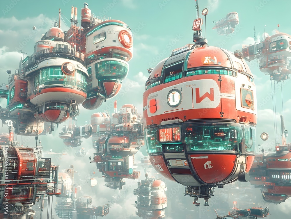 Poster visionary scene depicting cargo container carriers with advanced aerodynamic hull shapes sophisticat