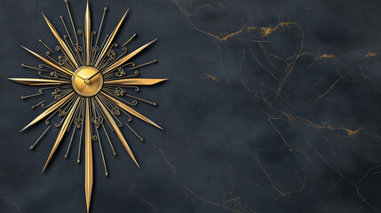 Golden wall clock with starburst design on dark marble background.