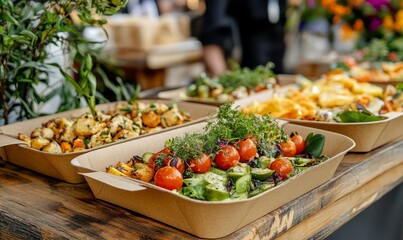 eco friendly cardboard trays with freshly made food for an event
