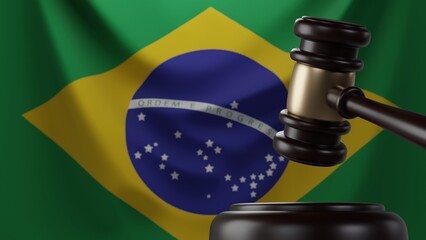 3d rendering of wooden court gavel, or auction hammer, with Brazil flag in the background.