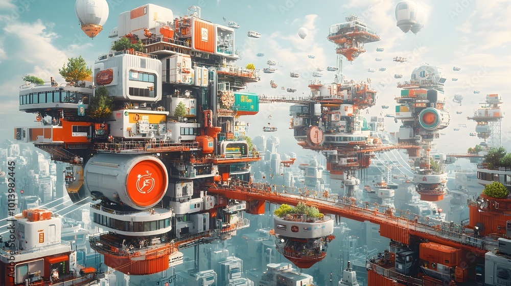 Poster cutting edge futuristic cargo container vessels massive steel structures with sleek and angular desi