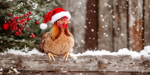 Chicken wearing Santa hat with festive holiday lights in a barn setting on festive joyful holiday farm backgrounds