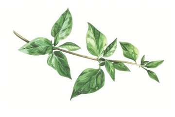 Fototapeta premium Watercolor illustration of a branch with green variegated leaves on a white background. Gymnema. Ayuurveda. Ayurvedic herbs. Generative AI