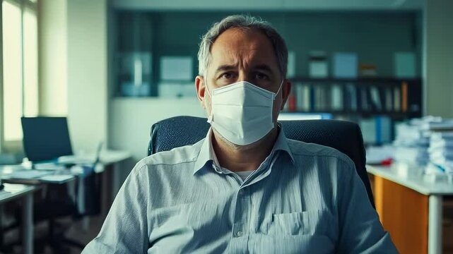 A middle-aged Caucasian man with gray hair sits alone in a dimly lit office, wearing a face mask. The modern office is filled with stacks of paperwork and large windows. The image conveys themes of