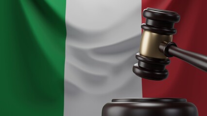 3d rendering of wooden court gavel, or auction hammer, with the Italian flag in the background.