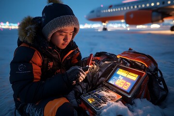 Traveler setting an alarm clock, making sure everything is packed and ready for tomorrowâ€™s early morning flight