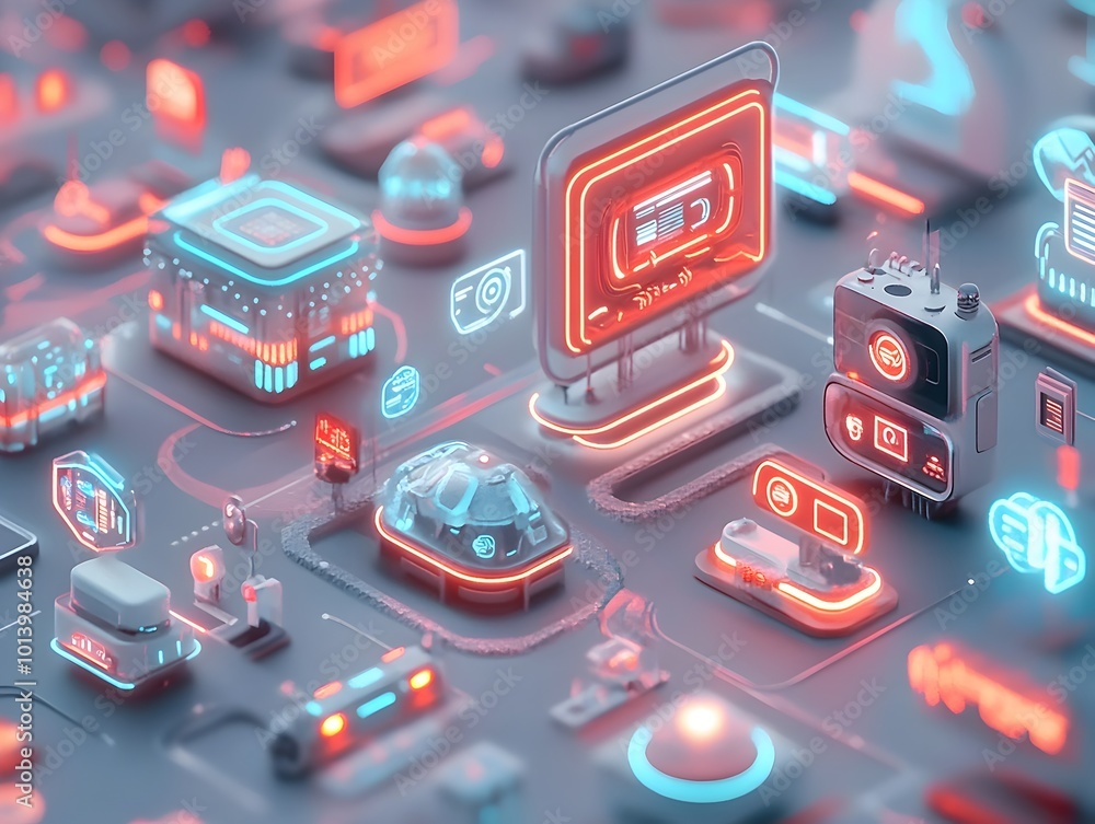 Poster futuristic cityscape featuring holographic advertisements ai powered information hubs neon lit data 