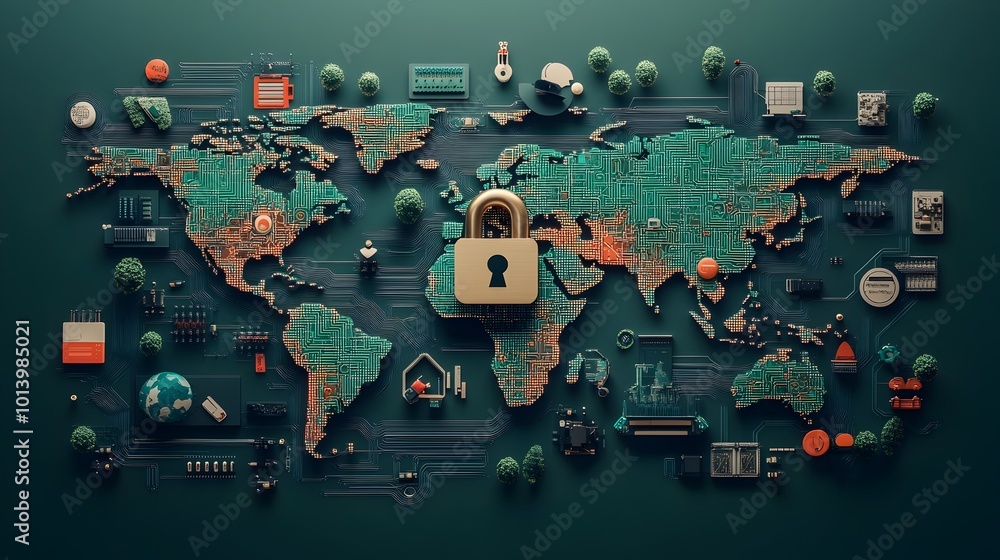 Poster sleek and minimalist futuristic rendering of intricate digital circuitry overlaying a world map with
