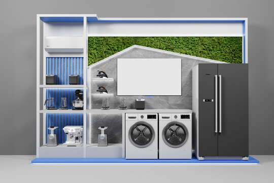 Modern home appliance showcase featuring a range of kitchen and laundry devices, including washing machines, refrigerators, coffee machines, and blenders, all displayed on a sleek and stylish stand.
