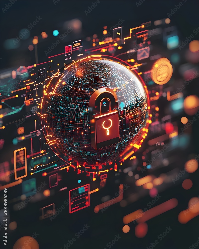 Poster locked global data security sphere floating above a vivid techno scape of pulsing nodes projected sc