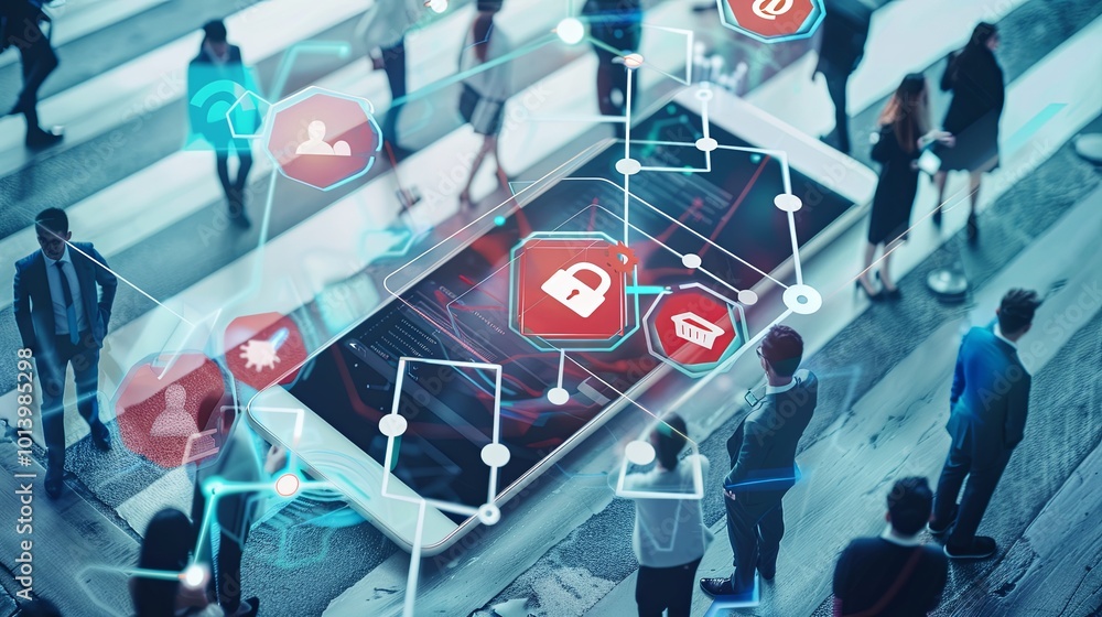 Fototapete Individuals interact with smartphones as an emergency warning alert notifies them about potential virus risks and network protection. Generative AI