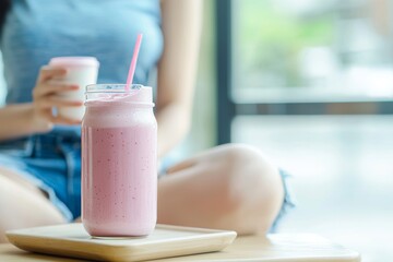 Young blond woman sitting at a window bar with a cocktail straw, mixing smoothies on a coffee table, and smiling sensuously as she waits for a phone call.