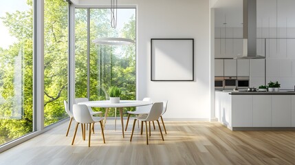 Modern dining room with a round table and chairs, large windows, and a minimalistic kitchen, featuring an empty frame on the wall, perfect for adding posters