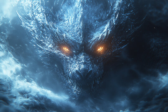 blue dragon with fiery orange glowing eyes emerging from a clouded sky, exuding an icy and fierce demeanor with visible sharp teeth and icy scales