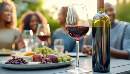 Laughing friends drinking red wine at a winery restaurant balcony, people having a barbecue dinner outside, food and beverage concept with guys and girls eating fresh food at lunchtime.