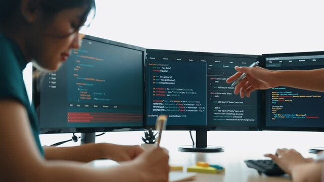 Back end software developer engineer for computer programming working together on debugging writing computing code, solving complex algorithms display on monitor in office. Burgeoning
