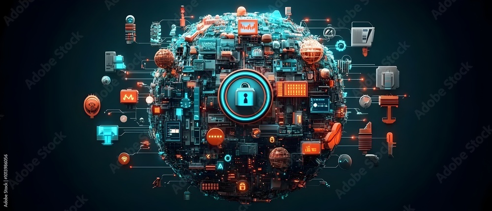 Poster a padlocked globe showcasing the secure international online infrastructure with intricate cryptogra