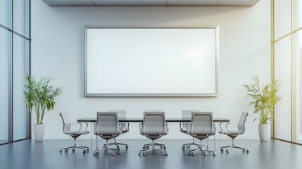 Modern glass office meeting interior with a board and armchairs, highlighted by a mockup frame for presentations or branding