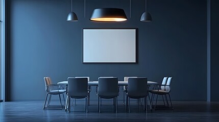 Modern glass office meeting interior with a board and armchairs, highlighted by a mockup frame for presentations or branding