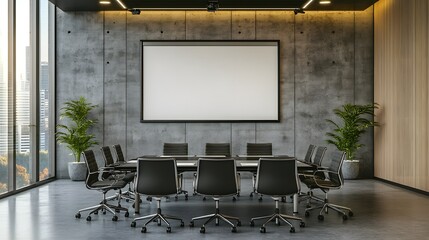 Modern glass office meeting interior with a board and armchairs, highlighted by a mockup frame for presentations or branding