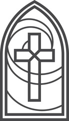 Church glass window with catholic cross. Gothic cathedral arch with pattern. Medieval stained frame. Silhouette of vintage architecture outline illustration
