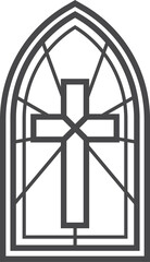 Church glass window with catholic cross. Gothic cathedral arch with pattern. Medieval stained frame. Silhouette of vintage architecture outline illustration