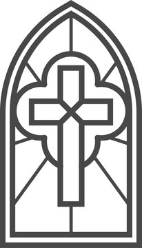 recommend clip art: Church glass window with catholic cross. Gothic cathedral arch with pattern. Medieval stained frame. Silhouette of vintage architecture outline illustration