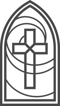 recommend clip art: Church glass window with catholic cross. Gothic cathedral arch with pattern. Medieval stained frame. Silhouette of vintage architecture outline illustration