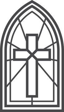 recommend clip art: Church glass window with catholic cross. Gothic cathedral arch with pattern. Medieval stained frame. Silhouette of vintage architecture outline illustration
