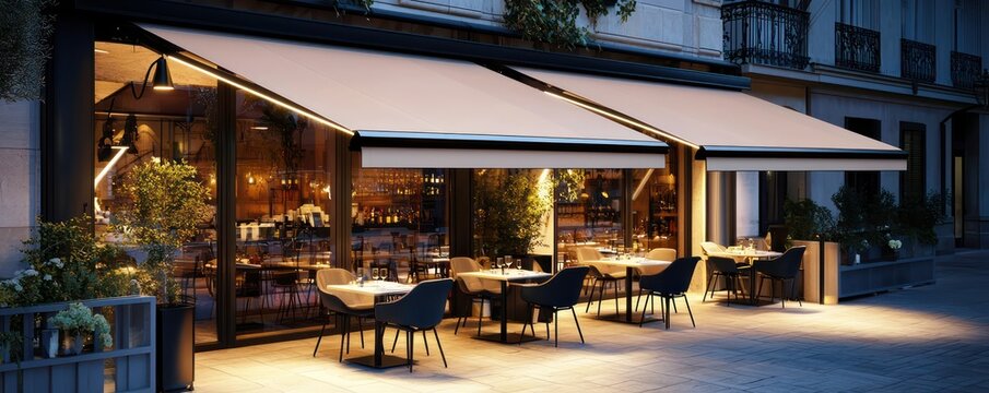 An urban caf?(C) terrace with retractable awnings featuring integrated LED lighting, enhancing the ambiance for evening diners