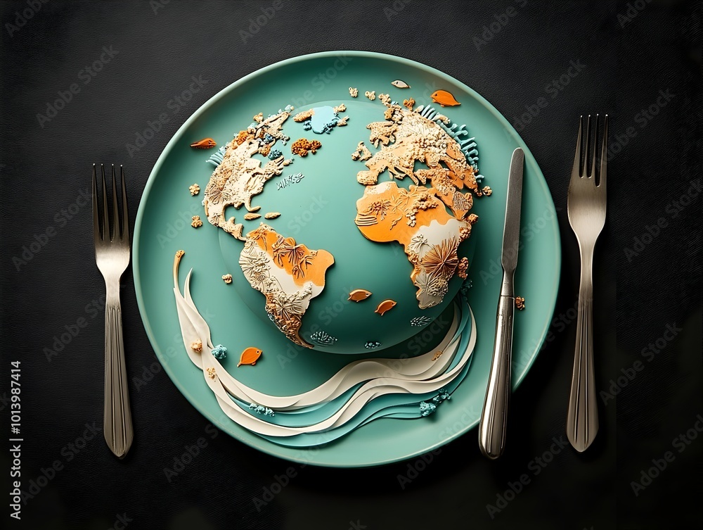 Poster bringing the world to your table an intricately designed plate featuring a detailed globe motif with