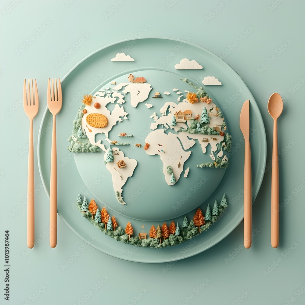 Poster mealtime globetrotting a plate featuring a spherical representation of the world paired with eating 