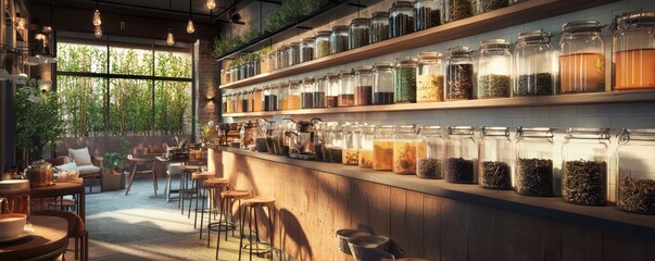 A boutique herbal tea shop with walls lined with jars of loose-leaf teas, a brewing bar, and a quiet seating area for tastings