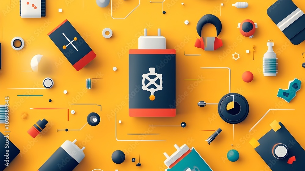 Poster graphene battery energy efficiency symbol flat design conceptual image representing the use of graph