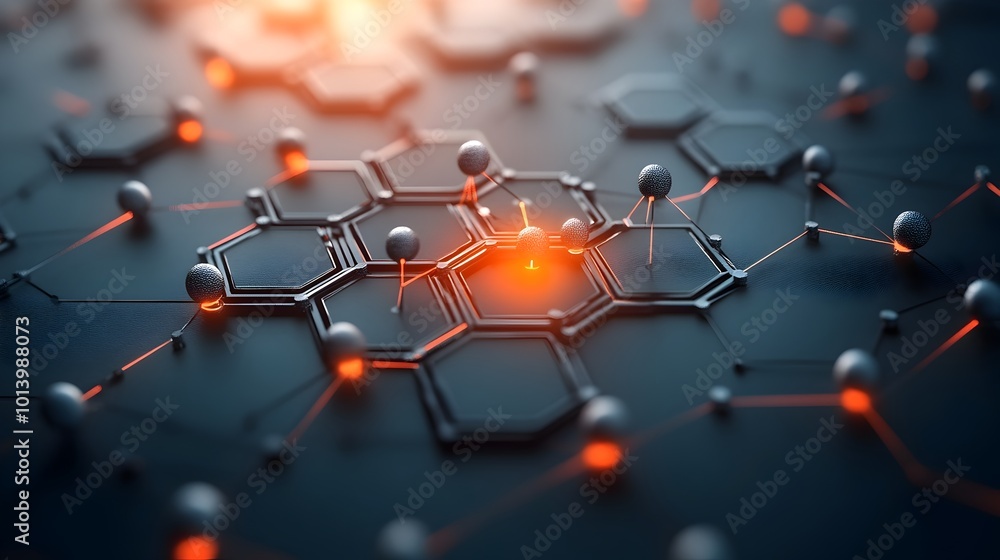 Poster detailed 3d rendered of the atomic structure of graphene showing the intricate hexagonal arrangement