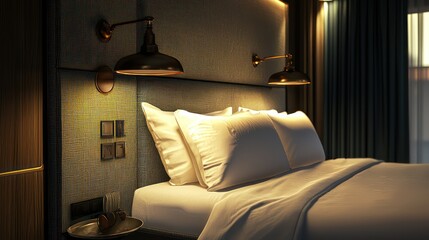 A boutique hotel room with wall-mounted bedside lamps that have adjustable brightness and color temperature for guest comfort