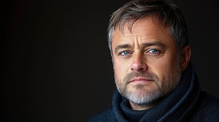 Obraz premium Portrait of a Serious Middle-Aged Man with Grey Hair and Blue Eyes