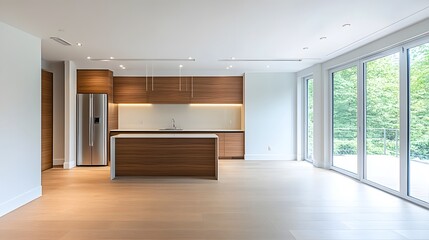 Fototapeta premium Modern home kitchen interior with a bar counter, fridge, and window, showcasing a clean design