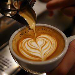 A barista making latte art in a cozy coffee shop, photographed in a close-up shot 2048 x 2048