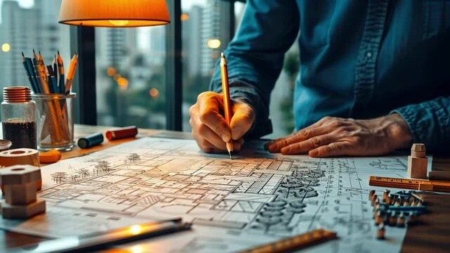 Architect designing blueprints in modern office with city view at sunset