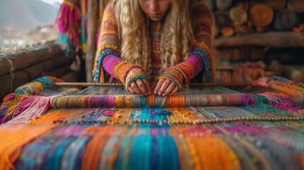 Traditional Hand Loom Weaving Close Up of a Woman Hands Crafting Handmade Textiles in a Workshop