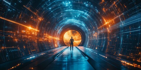 portal to other space and time, sci-fi scene of a man standing at the gate leading to spacetime, blue and orange glowing lights, theme of science physics and fictional