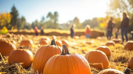 Pumpkin patch during harvest season, bright midday sun shining, hay bales, families in the background picking pumpkins for Halloween