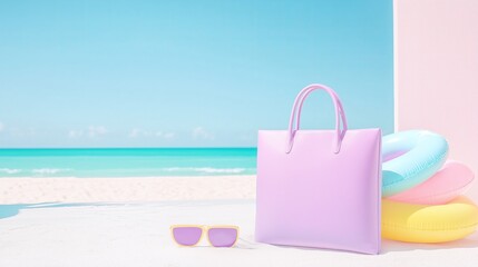 beach bag and swimming pool float in pink, blue, purple and yellow colors, scenic sandy beach, sea in the background