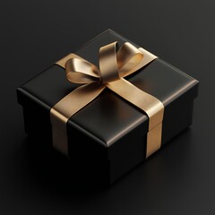 Minimalist black gift box with a gold ribbon on dark background, representing modern style and sophistication