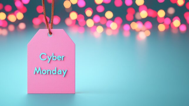 Pink tag with Cyber Monday text on a colorful blurred background.