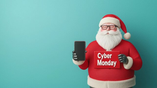 Santa Claus celebrating Cyber Monday with a smartphone and festive ambiance.